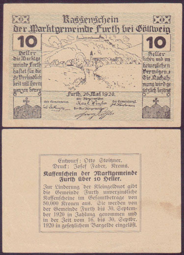 1920 Austria Notgeld 10 Heller (Furth) L001760